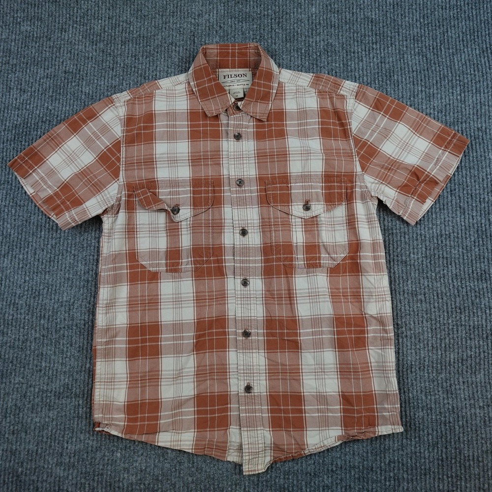 Filson Shirt Womens XS Orange Plaid Short Sleeve Button Up Cotton Outdoor Casual